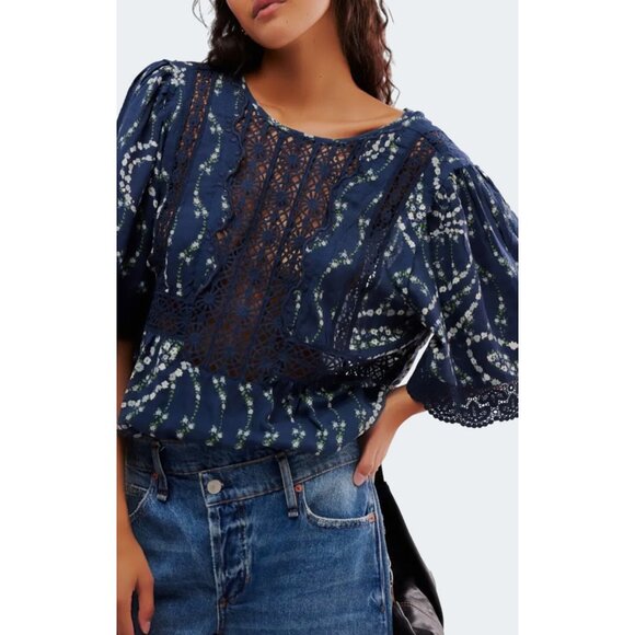 Free People Bali Tate Navy Floral Lace-Trimmed Bodysuit Open Back Size XL - Picture 15 of 16